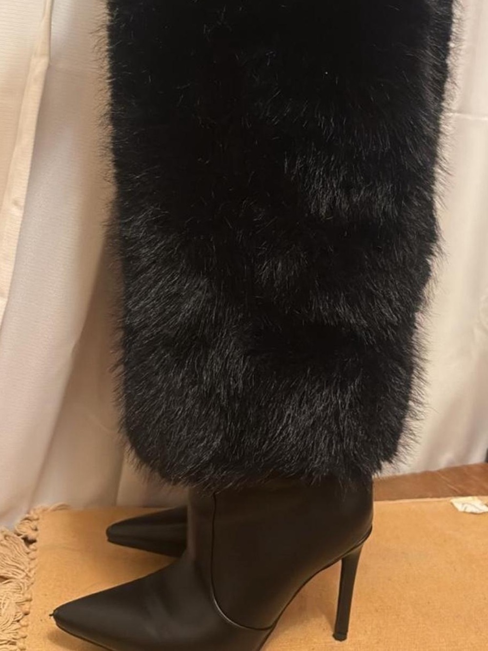 Women's Black Faux Fur Trim High Stiletto Boots - Unbranded